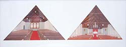 Two triangle compositions depict detailed drawings of St. Augustine's Chapel. The first triangle shows the aisle view facing the back of the church, which includes a door, window, and vaulted ceilings. The second panel shows the view facing toward the altar. A red carpet and brown pews are seen in both renderings.
