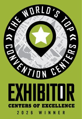 Green graphic with black text stating: Exhibitor Centers of Excellence 2025 Winner