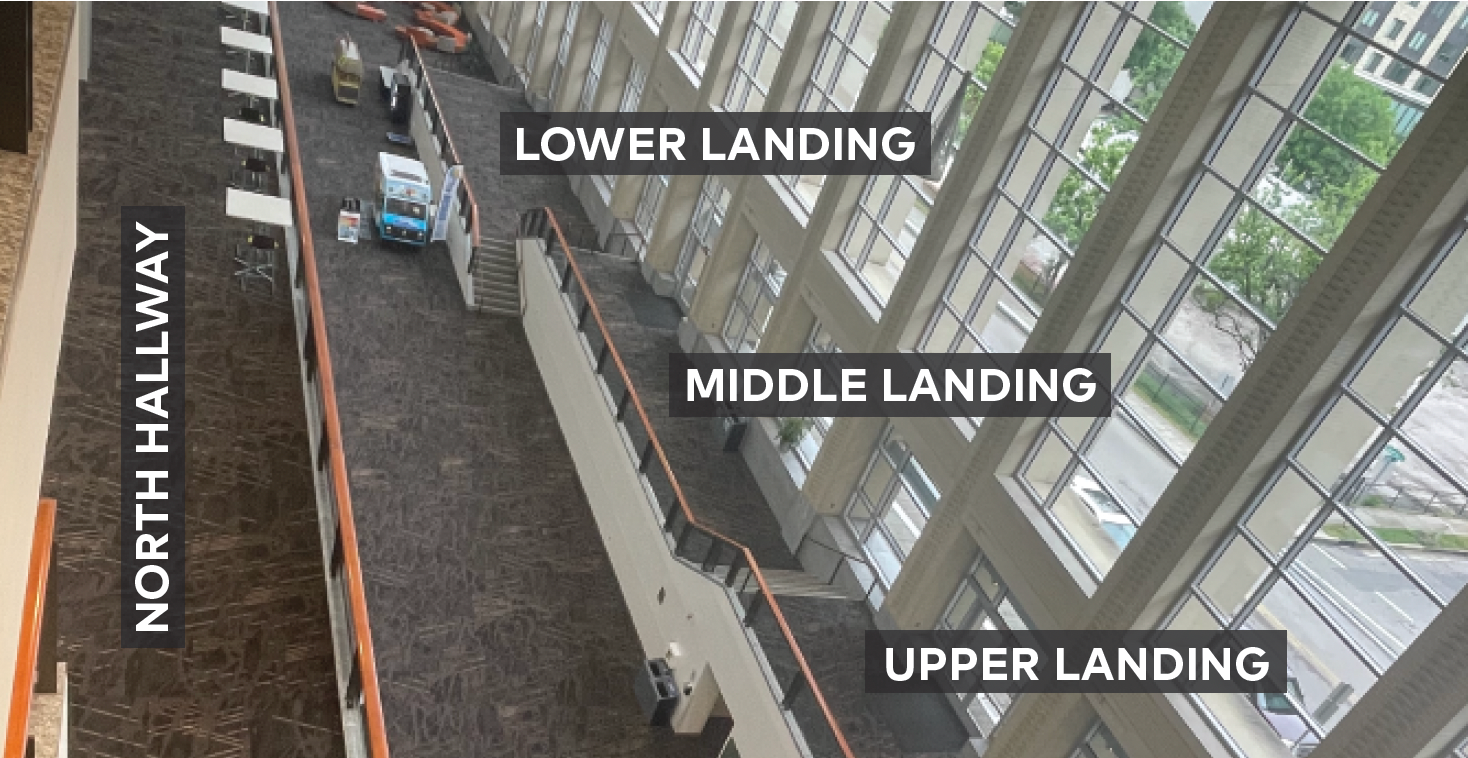 Bird's eye view of North Hallway and Mezzanine.