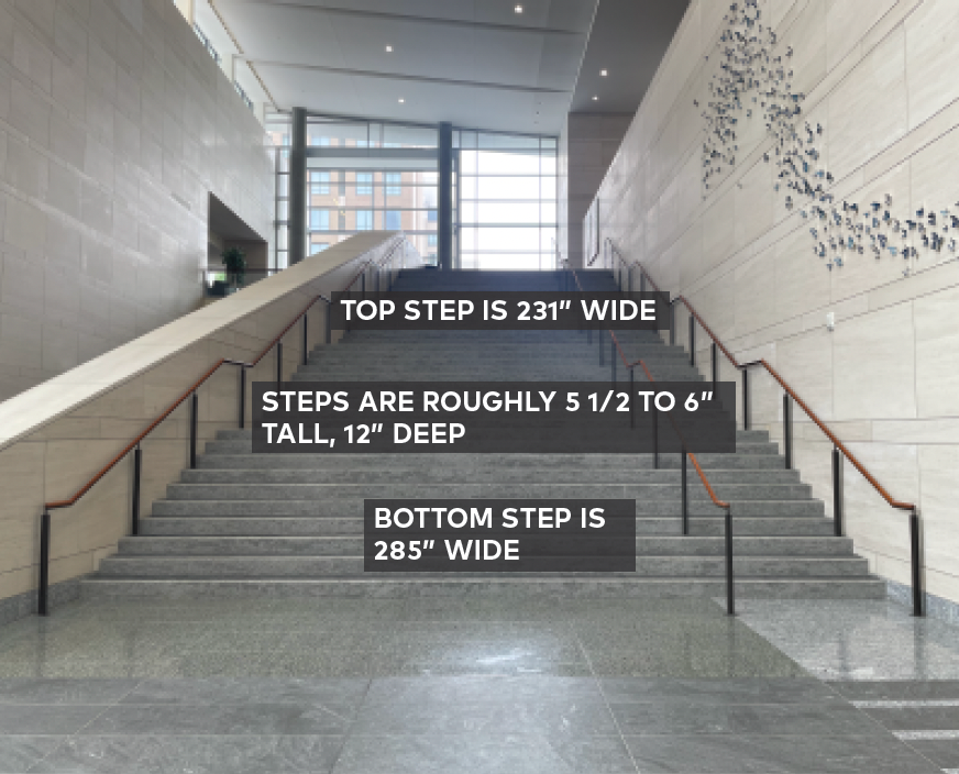 Top step is 231" wide. Steps are approx. 5.5-6" tall, 12" deep.