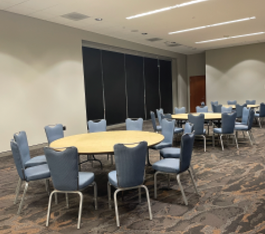 Room 201 set up with curtains closed.