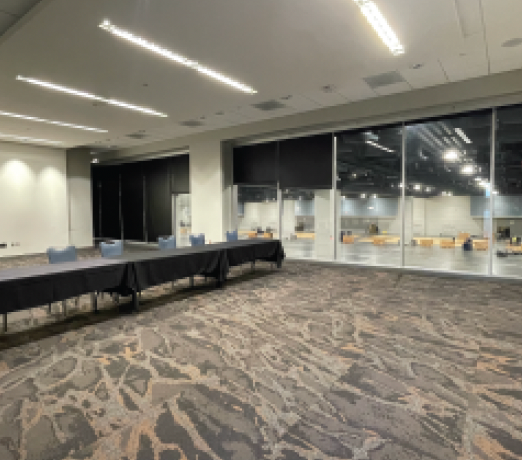 Room 206 with window curtains open with Exhibit Hall view.