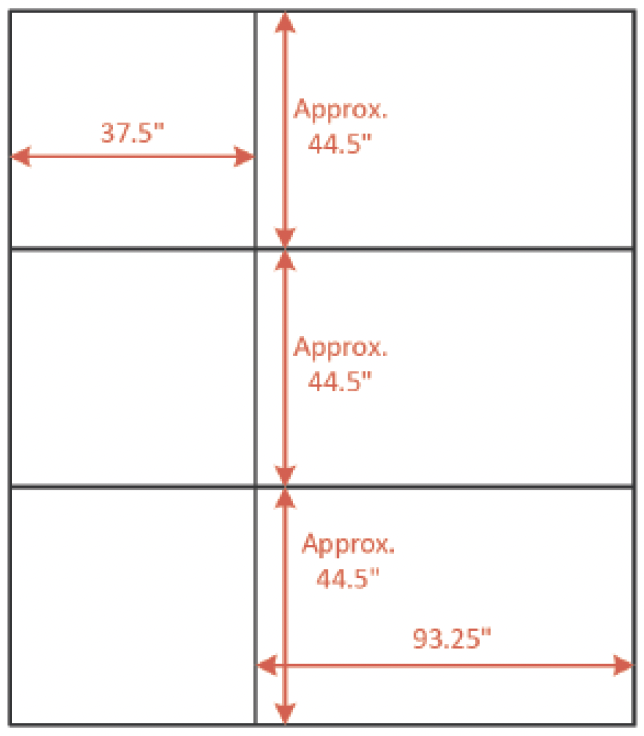 Diagram of side window panels. Large panels 93.25" wide by 44.5" wide, small panel 37.5" wide.