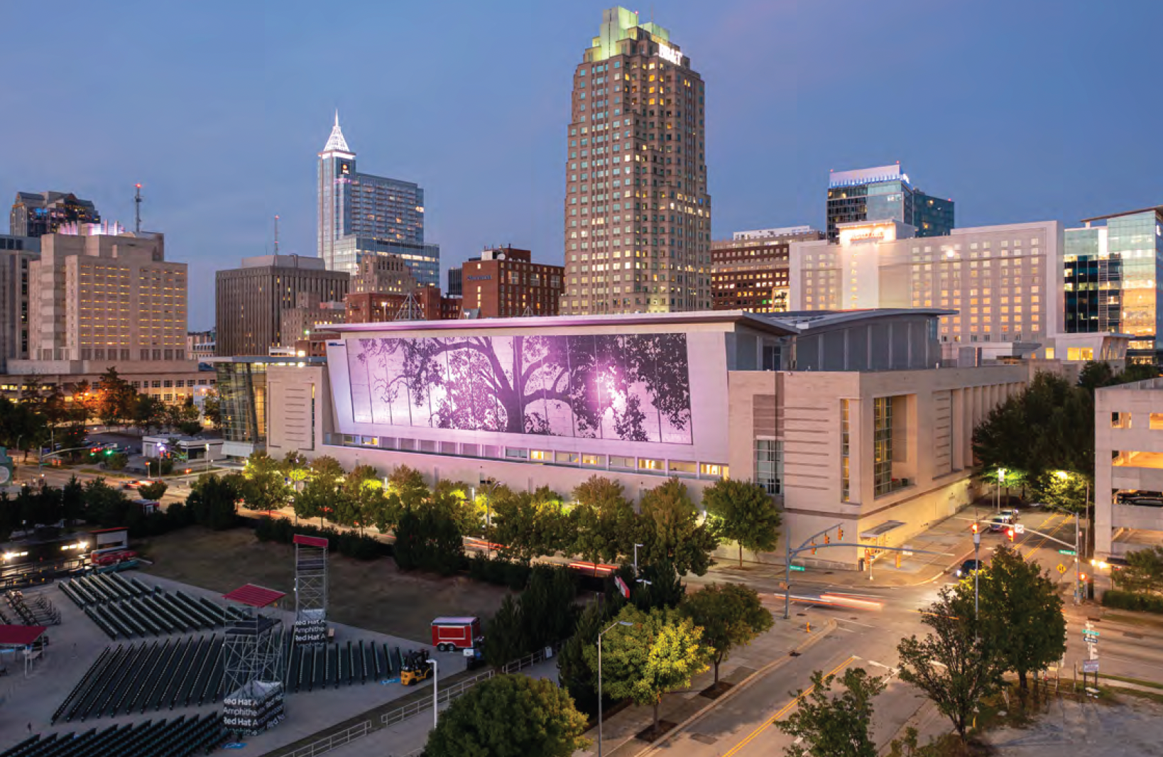 Downtown Raleigh at dusk featuring RCC Shimmer Wall.