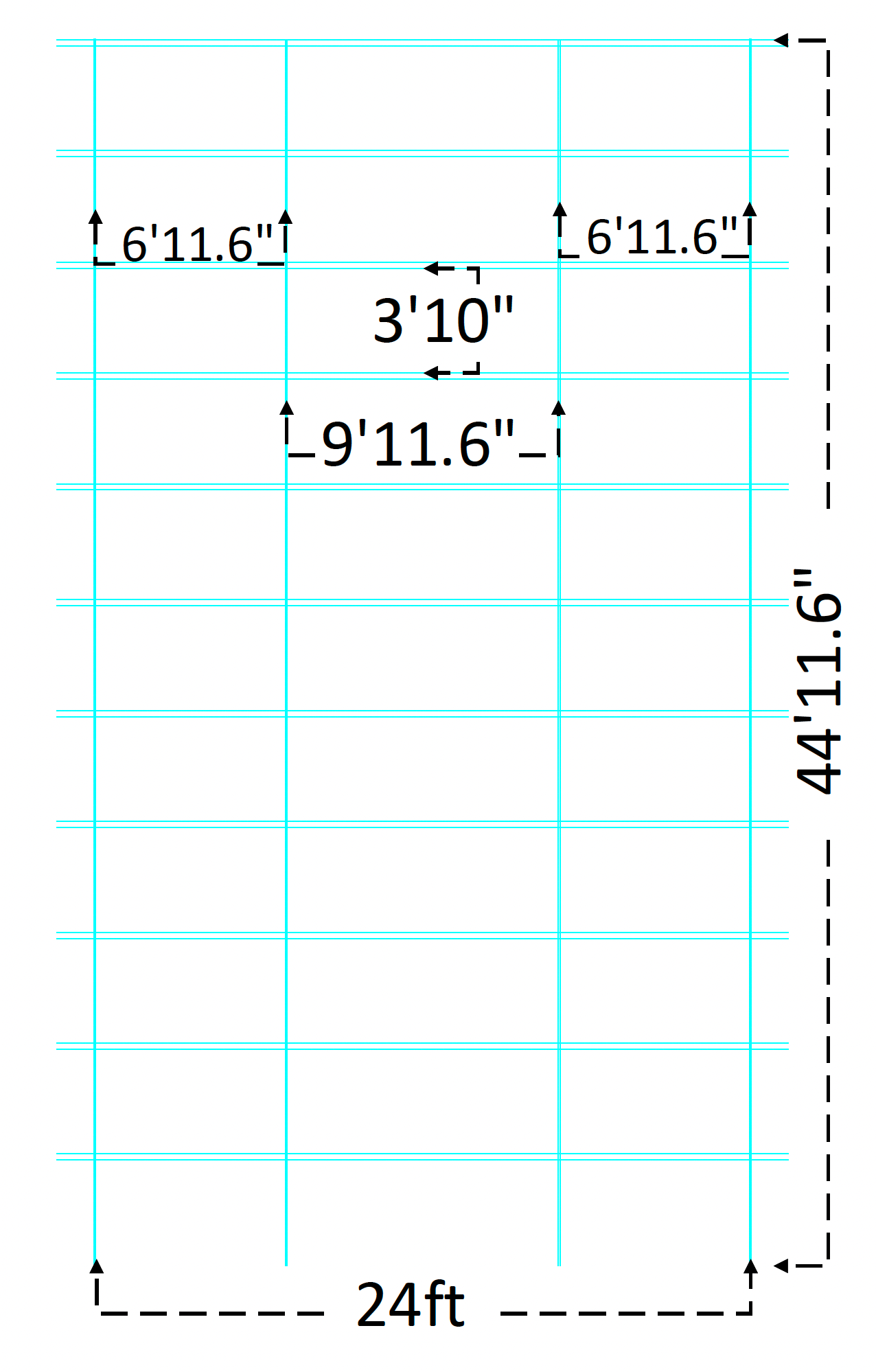 Diagram of window panel. 24" wide by 44'11.6" tall.