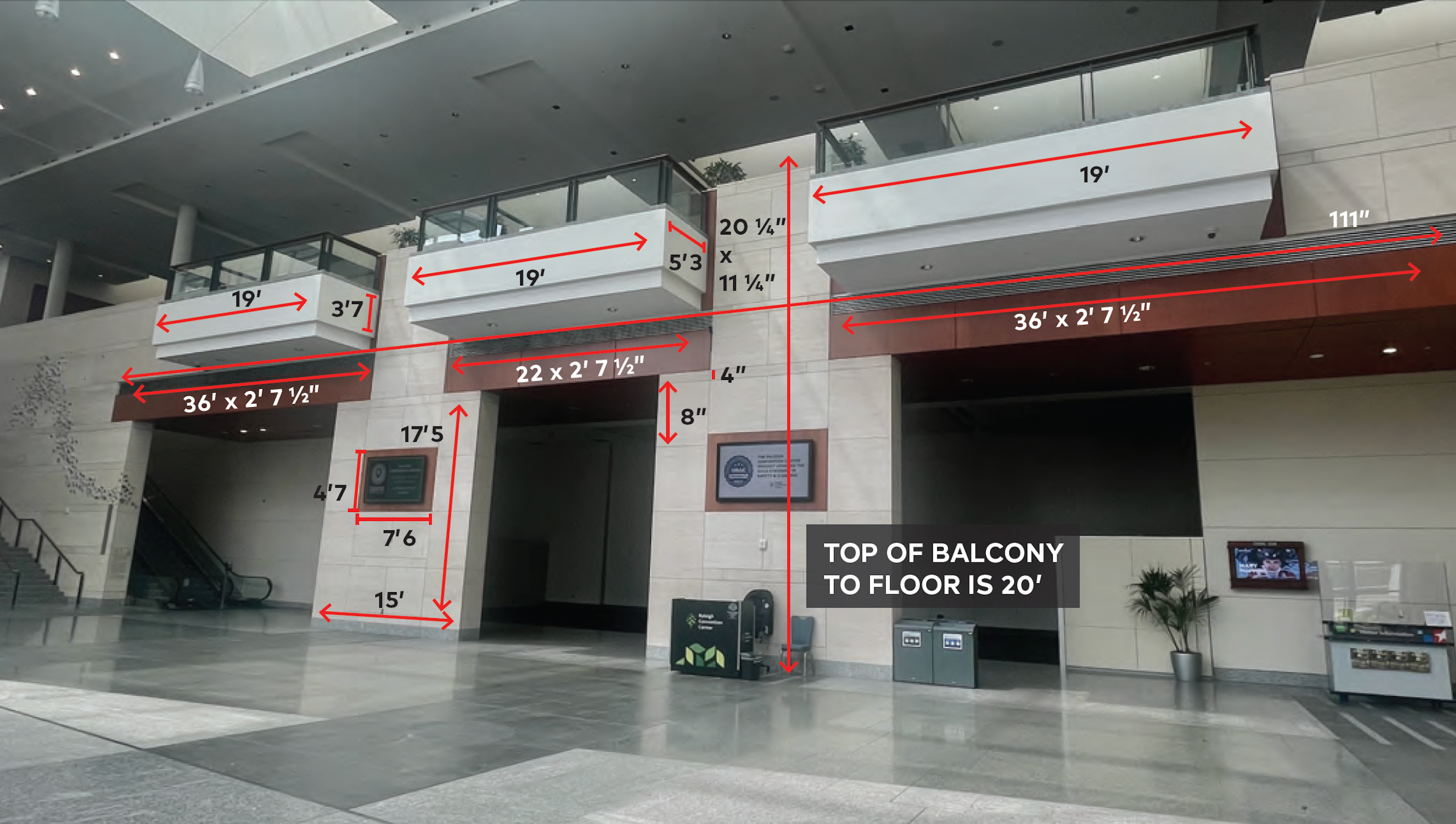 Top of balcony to floor is 20 ft.