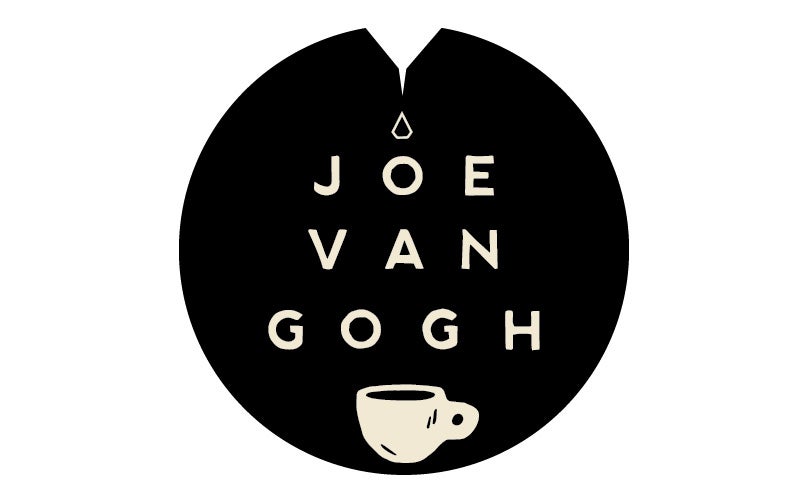 Black circular logo with white text stacked stating "Joe Van Gogh" and a white coffee mug under the text.