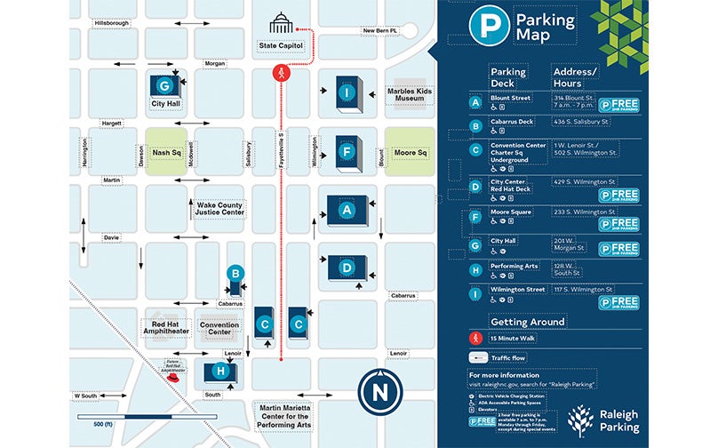Map of Downtown Raleigh parking options.