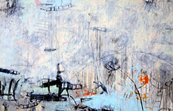 A mixed-media abstract scattered collection of dark lines and splashes of sky blue and orange. 