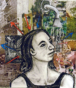 A woman with pale white skin in a sleeveless black top looks to the right. She is in front of a shower head spraying down water and red and blue arrows pointing to and from the perimeter of the photo.
