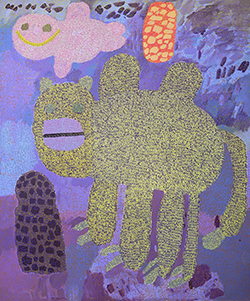 A stylized yellow camel with a pink mouth stands against a purple background flecked with dark and light shaders of purple. Above the camel, is a cloud-like smiling pink figure in the left corner and a red and yellow flecked oval in the right corner. A purple flecked oval sits in the lower left corner.