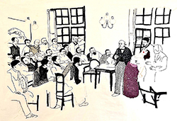 A black and white line drawing of men in professional attire sitting in a room watching as another man stands in front gesturing to a fainting woman. The men are in black and white while the woman is wearing red lipstick a purple long shirt.