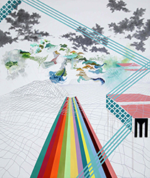This acrylic and pencil drawing depicts a rainbow of vertical stripes going toward the center of the canvas. The stripes are above and below and warped grid, with a prism refracting aqua lines along the final vertical third of the canvas. Fractal-like gray clouds are show in the background. These shapes become colorful as they get closer to the warped grid.