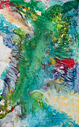 A fluid-like green swath moves from bottom left to upper right, surrounded by horizontal swipes of watery blues, aqua, spring green, reds, and yellows.
