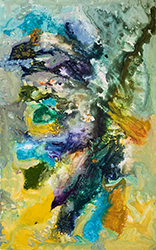 Abstract brushstrokes of greens, purples, blues, and yellows cross the canvas in horizontal and diagonal strokes.