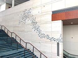 Hundreds of cyanotype butterfly reproductions swarm across the Grand Staircase wall of the Raleigh Convention Center lobby.