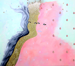 A woman with brown eyes and tall hair is silhouettes in baby pink. She stares at the viewer. Another silhouette behind her shows her eyes and is washed in gold glitter. Behind that is another silhouette made of smoke-like wafts of gray moving upward. In the foreground, teardrop shapes shift into ornate red gems.