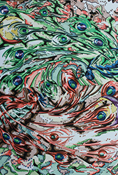 Clusters resembling peacock feathers create hill-like figures throughout the canvas in greens, reds, and blue-green centers.