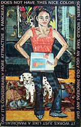 A black border surrounds a vertical canvas that reads, "A pancreas does not have this nice color screen I would take an ugly old pancreas any day it works just like a pancreas only it's considerably more attractive." A woman with dark hair pulled back with a red sleeveless top and blue checked pants stands in front of a room with colorful decorations holds a box with a anatomical drawing of a pancreas on the front. A Dalmatian stands behind her.