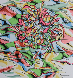 An abstract red, yellow, green, swirl of colors and black curvy lines that spread out from the center of the drawing.