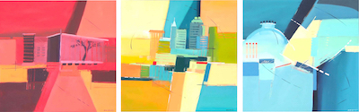 First panel: Red abstraction of the Shimmer Wall; Second panel: Yellow abstraction of the Raleigh skyline; Third panel: Blue abstraction of the State Capitol