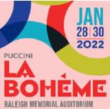 an image with a pink background with the words Puccini La Boheme Raleigh Memorial Auditorium Jan 28| 30 2022