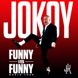 an image with a red background showing Jo Koy he is wearing a black suite and is lifting his right leg the words jo boy are behind him in large white letters the words funny is funny are in white text below his right leg