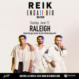 an image with a white background, three performers REIK can be seen in the center of the image they are all wearing white. the words REIK encambio used tour Sunday June 12 Raleigh duke energy center for the performing arts is in black text above their heads 
