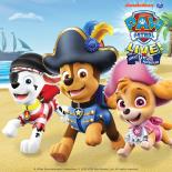 An image of Paw Patrol characters from left to right Marshall, Chase and Skye. they are on a beach and a pirate ship is shown in the background. the words Nickelodeon paw patrol live the great pirate adventure is in the top right corner 