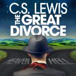 an image showing mountains and sky the words C.S. Lewis the great divorce are in white text at the top a person is shown at the bottom of the screen from the back he is wearing a hat and has a red lizard on his shoulder. the words heaven and hell are shown written in the pavement in front of him
