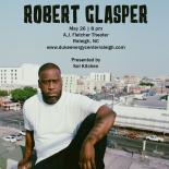 A cover photo of Robert Glasper sitting on a rooftop with the a city in the background. Heading reads: Robert Glasper May 26 8pm 