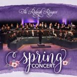 an image with a purple background that shows the Raleigh Ringers on stage the words The Raleigh Ringers is at the top in white script font and Spring Concert is at the bottom of the image with pink flowers on either side of the word spring