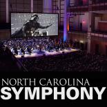 an image showing the NC Symphony on stage behind them is a large screen showing an image from the Star Wars Movie The Empire Strikes Back the text North Carolina Symphony is at the bottom of the image in white text