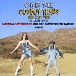 an image with the text oliver tree cowboy tears one last ride with jawny and huddy saturday september 3 red hat amphitheater raleigh. Two people are shown in the center of the images with mountains and the dessert behind them. they are wearing blue and holding hands