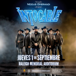 an image with a dark smoky background showing 6 performers all wearing cowboy hats and wearing black the words intocable are at the top in neon blue letters jueves 1 de septimebre raleigh memorial auditorium is below them