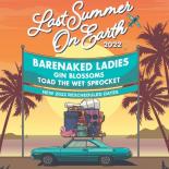 an image with a sunset background and palm trees the text at the top reads last summer on earth tour below that is a banner above a car with luggage on the roof the banner reads bar naked ladies gin blossoms toad the wet sprocket new 2022 rescheduled dates