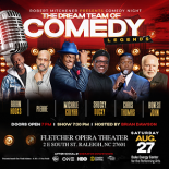 A cover photo of 6 comedians in front of a background with a red city scape and large silver microphone. The headline reads The Dream Team of Comedy Legends. 