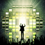 Design of a conductor in front of a wall of glowing green panels