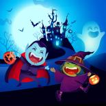 Cartoon drawing of vampire, ghost, and bats in front of dark castle