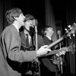 Black and white photo of the Beatles