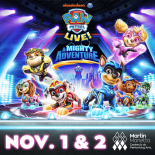 PAW Patrol Live: A Mighty Adventure, Nov. 1 & 2 at Martin Marietta Center. Pups in superhero costumes on a futuristic stage.