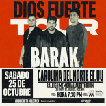 Promotional poster for the "Dios Fuerte Tour" featuring the Christian music group Barak. The background is primarily red on the top half and white on the bottom half. At the top, in large bold black and white text, it reads “DIOS FUERTE TOUR.” Centered below this, a black-and-white photo shows the three male members of Barak standing and facing forward.