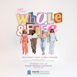 Minimalist white background with a soft gray gradient, allowing the colorful, bold 'Whole & Free' text and group of four women in vibrant outfits to stand out in the foreground.