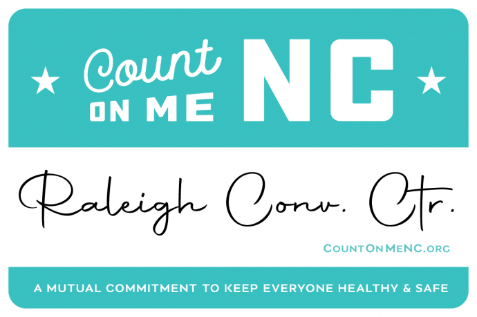 Rectangular teal and white Count on Me NC certification badge that reads "Count on Me NC Raleigh Convention Center" in white and black text