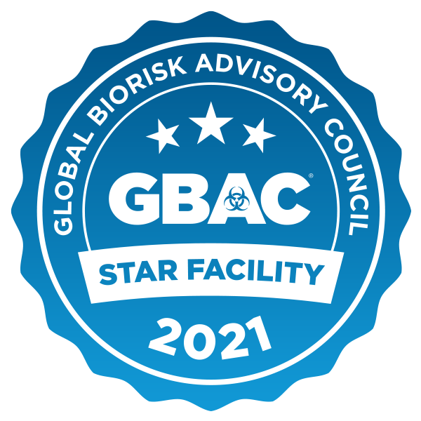 A blue GBAC STAR Seal with scalloped edges that reads "Global Biorisk Advisory Council GBAC STAR Facility 2021" in white circular text