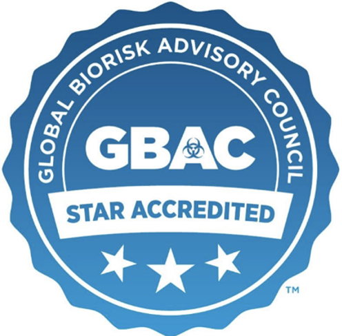 A blue GBAC STAR Seal with scalloped edges that reads "Global Biorisk Advisory Council GBAC STAR Facility 2021" in white circular text