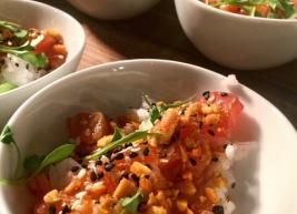 Salmon Poke with Carolina Rice, Chopped Toasted Peanuts, and Micro Cilantro