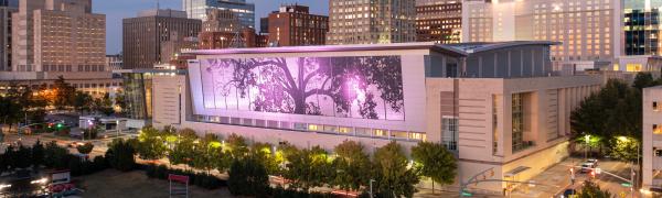 A brightly lit Shimmer Wall shines against the backdrop of the Raleigh skyline at dusk